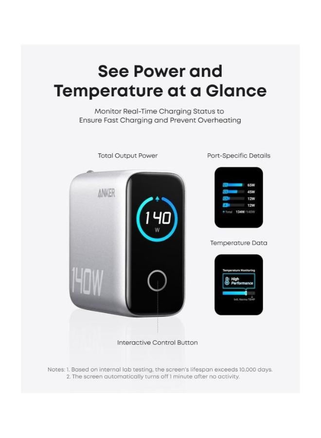 140W USB C Charger, Laptop Charger, 4-Port Multi-Device Fast Charging, Advanced GaN Power Adapter, Intuitive Touch Controls, Compatible with MacBook, iPhone 16 Series, Samsung, Pixel, and More