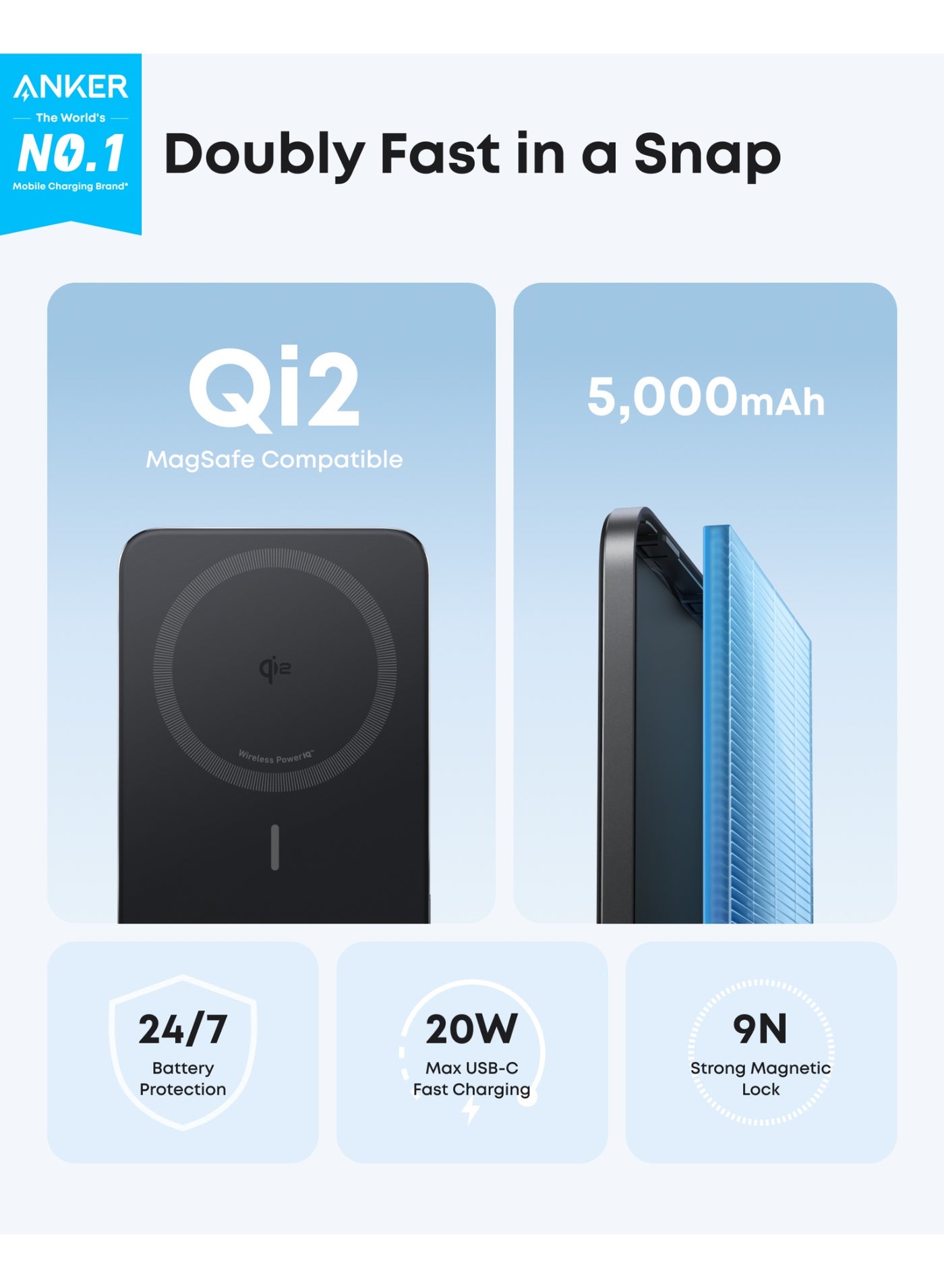 5000 mAh Anker Nano Power Bank, Ultra-Slim 5,000mAh Magnetic Battery Pack, Qi2 Certified 15W Max Ultra-Fast MagSafe-Compatible Portable Charger, Ergonomic Design, For iPhone 17/16/15/14/13/12 Series (Black) Black