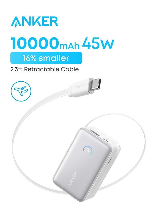 10000 mAh Anker Nano Power Bank, 10,000mAh Portable Charger with 2.3 ft InstaCord Retractable Cable, 45W Max Compact Battery Pack, Smart Display, for iPhone 16 Series, iPad, Galaxy, Pixel, and More white