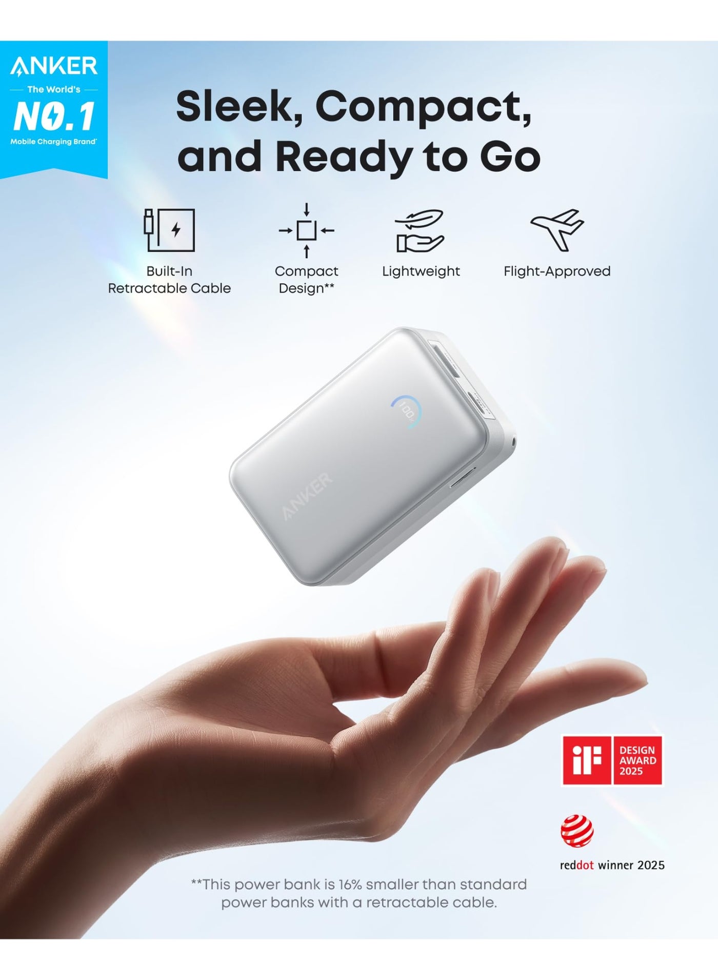 10000 mAh Anker Nano Power Bank, 10,000mAh Portable Charger with 2.3 ft InstaCord Retractable Cable, 45W Max Compact Battery Pack, Smart Display, for iPhone 16 Series, iPad, Galaxy, Pixel, and More white