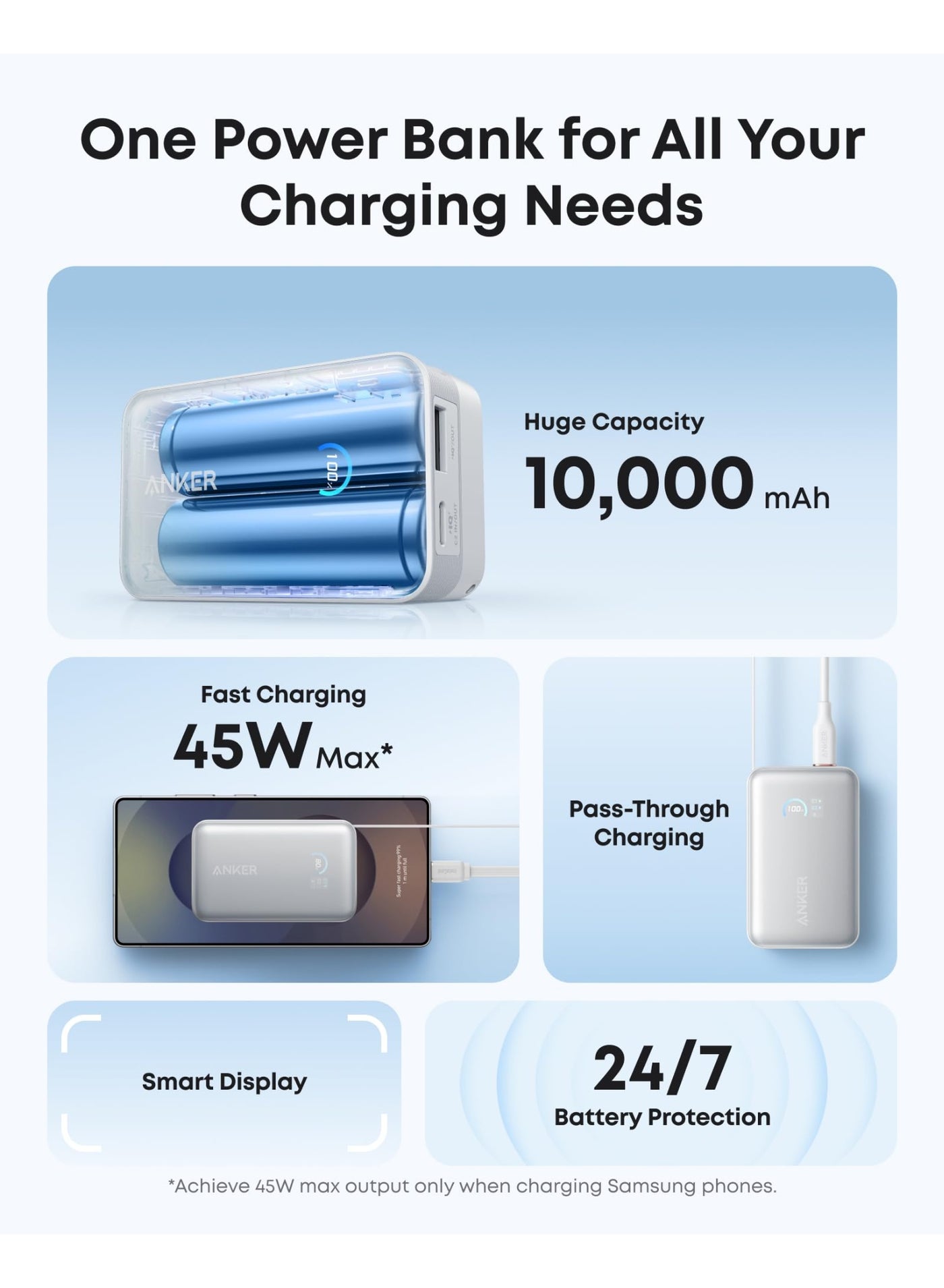10000 mAh Anker Nano Power Bank, 10,000mAh Portable Charger with 2.3 ft InstaCord Retractable Cable, 45W Max Compact Battery Pack, Smart Display, for iPhone 16 Series, iPad, Galaxy, Pixel, and More white