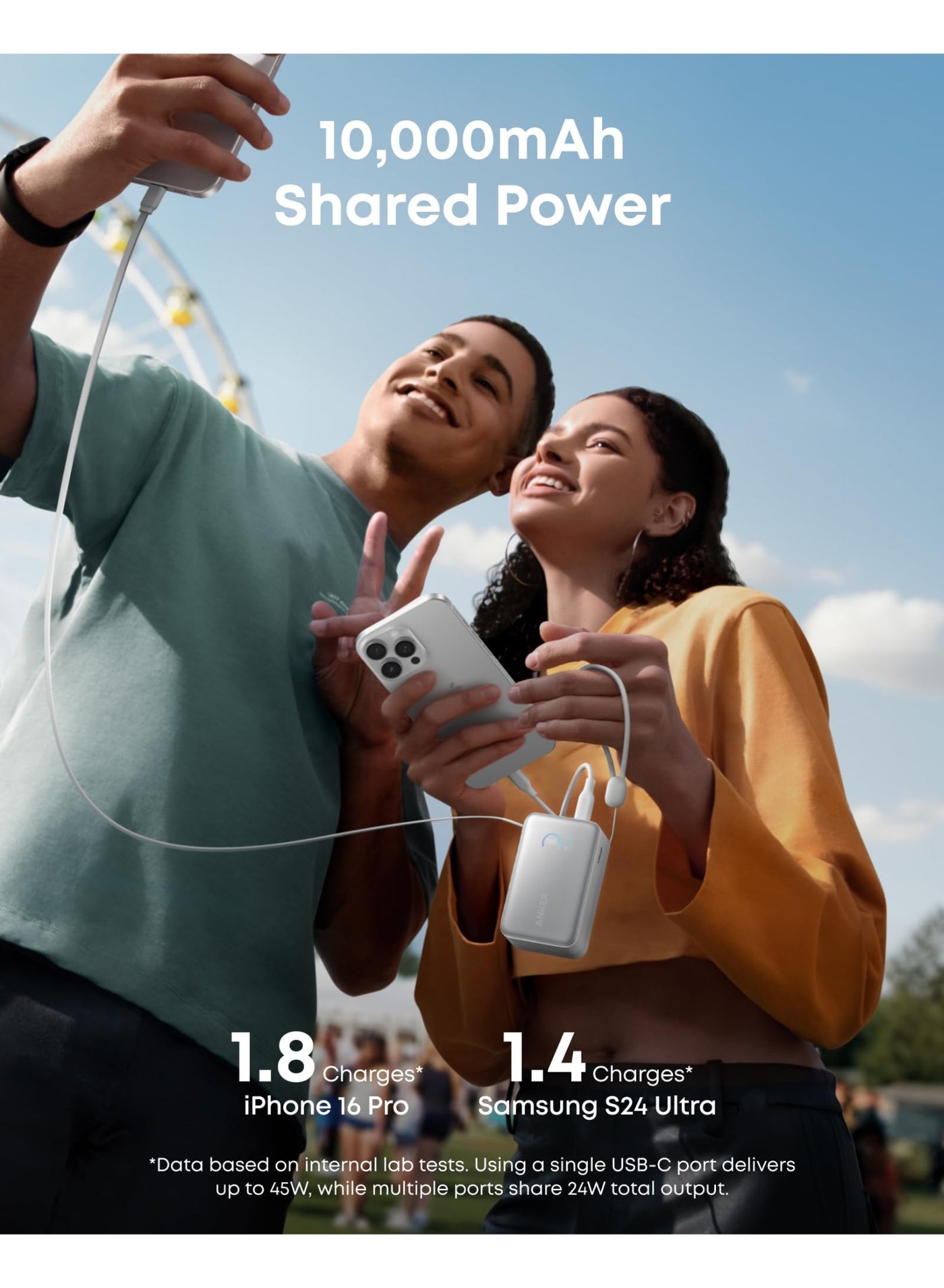 10000 mAh Anker Nano Power Bank, 10,000mAh Portable Charger with 2.3 ft InstaCord Retractable Cable, 45W Max Compact Battery Pack, Smart Display, for iPhone 16 Series, iPad, Galaxy, Pixel, and More white