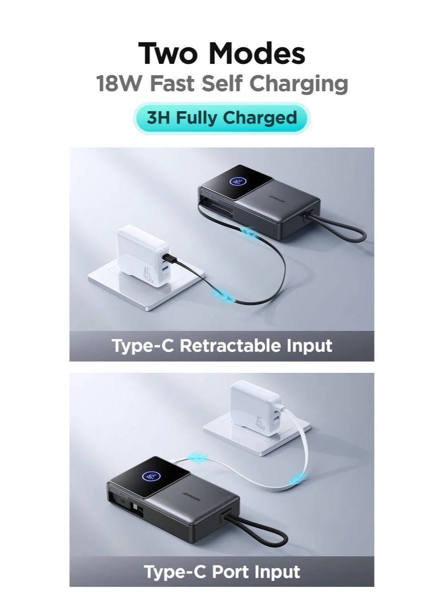 10000 mAh JR-PR1 22.5W Elva Series Mini Power Bank With Built-in Retractable Cable - 10000mAh Black