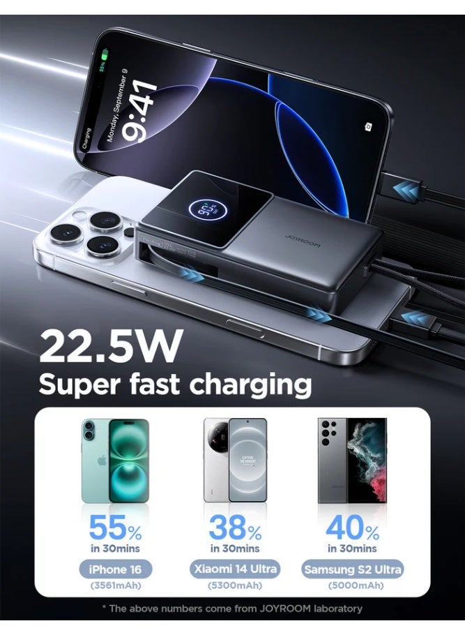 10000 mAh JR-PR1 22.5W Elva Series Mini Power Bank With Built-in Retractable Cable - 10000mAh Black