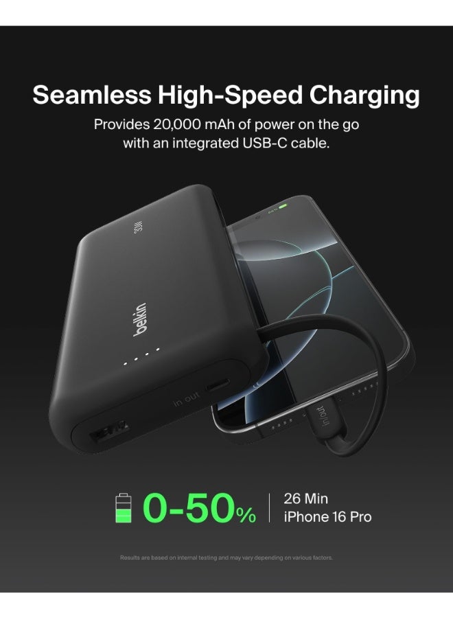 20000 mAh BoostCharge PowerBank 20K | Built-in USB-C Cable, Fast 30W PD Output, 4.7in/12cm Integrated USB-C cable, Charge 3x Devices Same Time, LED indicator, Pre-charged ready for Use - Black Black