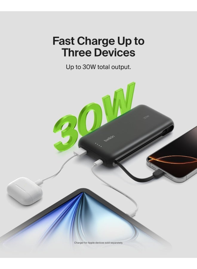 20000 mAh BoostCharge PowerBank 20K | Built-in USB-C Cable, Fast 30W PD Output, 4.7in/12cm Integrated USB-C cable, Charge 3x Devices Same Time, LED indicator, Pre-charged ready for Use - Black Black