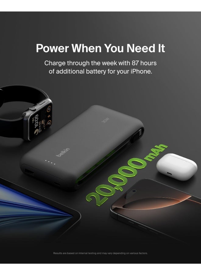 20000 mAh BoostCharge PowerBank 20K | Built-in USB-C Cable, Fast 30W PD Output, 4.7in/12cm Integrated USB-C cable, Charge 3x Devices Same Time, LED indicator, Pre-charged ready for Use - Black Black