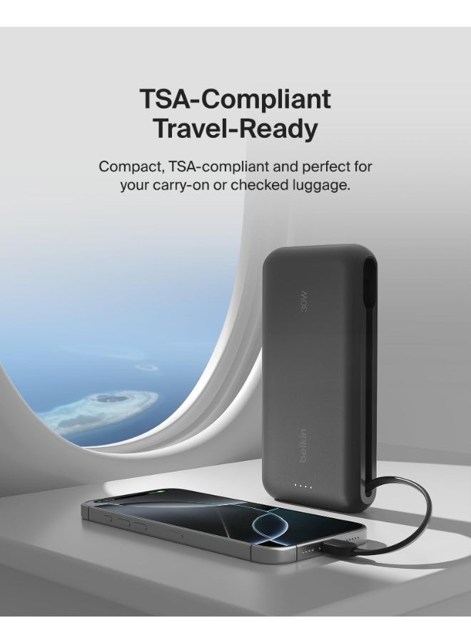 20000 mAh BoostCharge PowerBank 20K | Built-in USB-C Cable, Fast 30W PD Output, 4.7in/12cm Integrated USB-C cable, Charge 3x Devices Same Time, LED indicator, Pre-charged ready for Use - Black Black