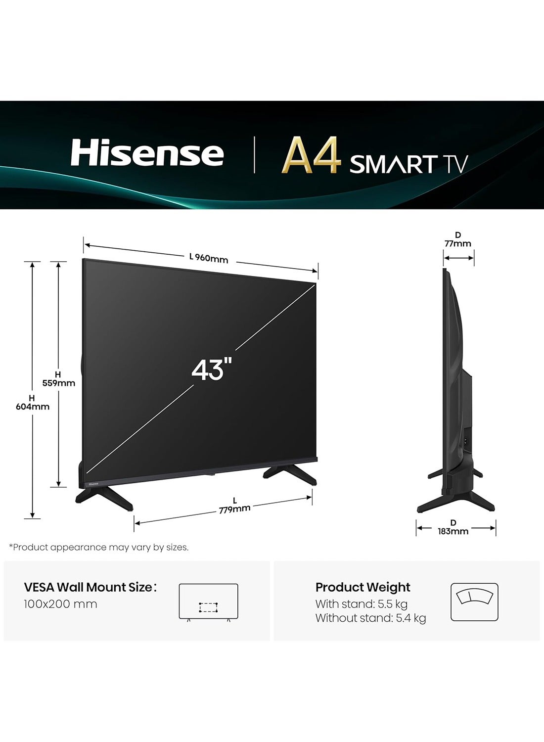 43 Inch Full HD Smart TV – VIDAA OS, Natural Color Enhancer, Game Mode, Dolby Audio, Screen Mirroring, Noise Reduction, HDMI ARC, Wi-Fi, YouTube, Netflix - 2025 43A4Q Black 43A4Q Black