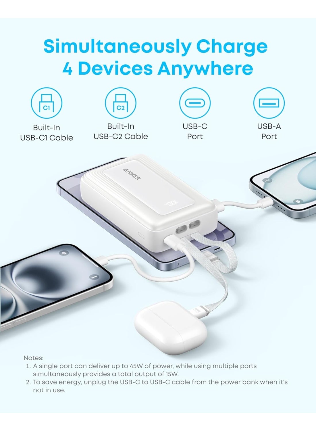 20000 mAh Anker Zolo Power Bank, 45W Max Fast Charging, 20,000mAh Battery Pack with Dual Built-In Cables, 1 USB-C and 1 USB-A Port, for iPhone 17/16/15 Series, Samsung, MacBook, iPad, and More (White) White