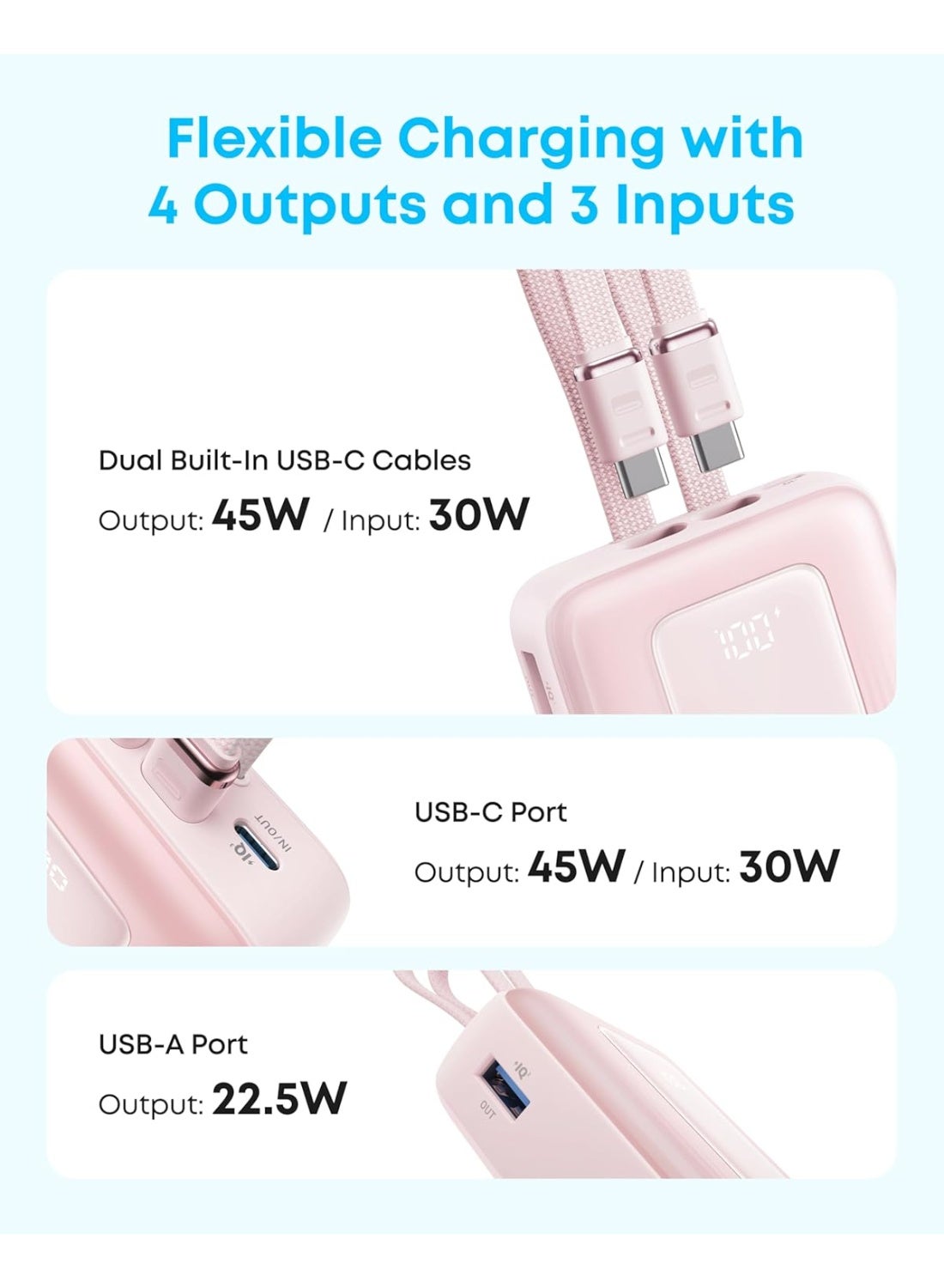 20000 mAh Anker Zolo Power Bank, 45W Max Fast Charging, 20,000mAh Battery Pack with Dual Built-In Cables, 1 USB-C and 1 USB-A Port, for iPhone 17/16/15 Series, Samsung, MacBook, iPad, and More (White) White