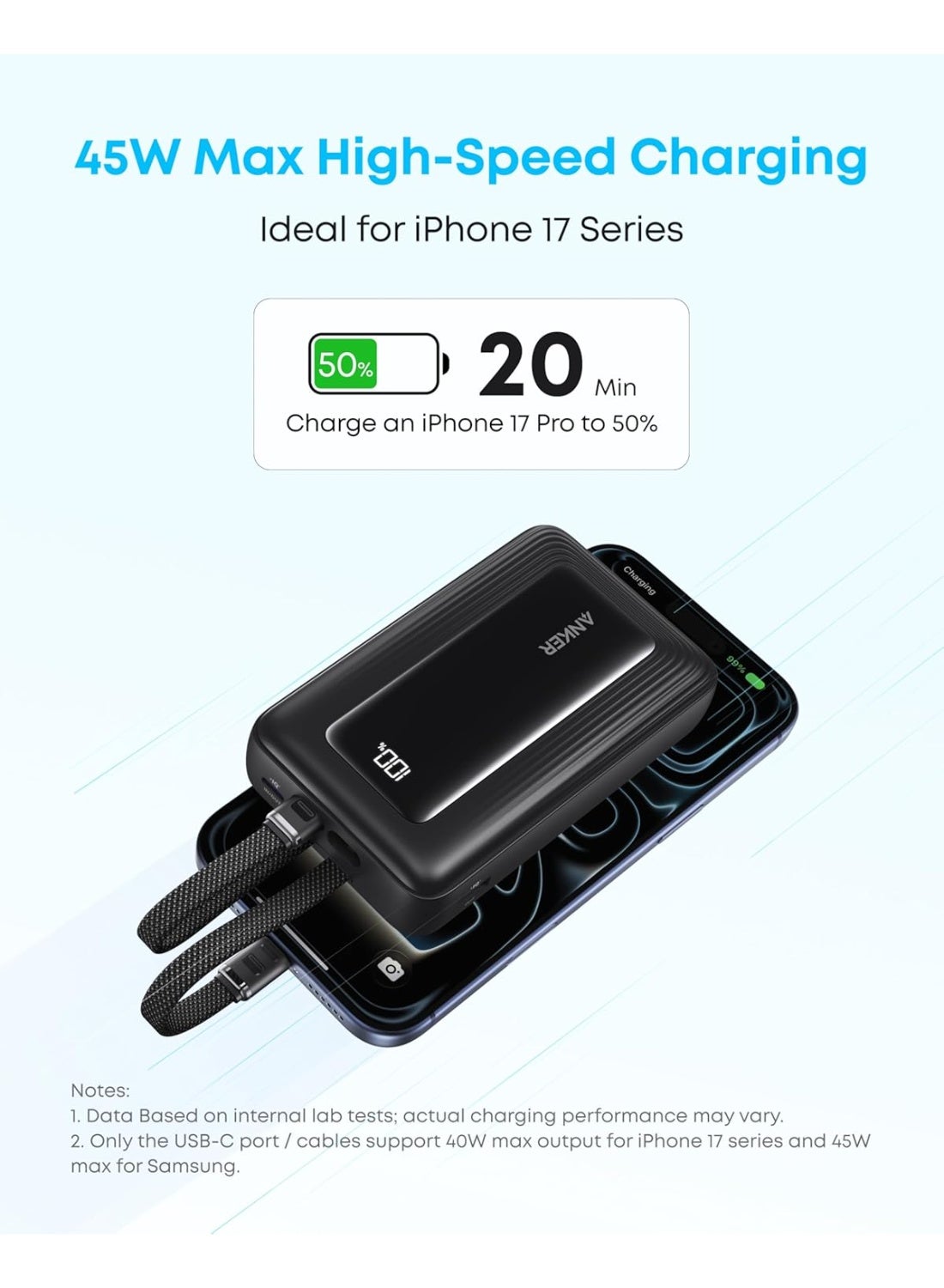 20000 mAh Anker Zolo Power Bank, 45W Max Fast Charging, 20,000mAh Battery Pack with Dual Built-In Cables, 1 USB-C and 1 USB-A Port, for iPhone 17/16/15 Series, Samsung, MacBook, iPad, and More (Blue) Blue
