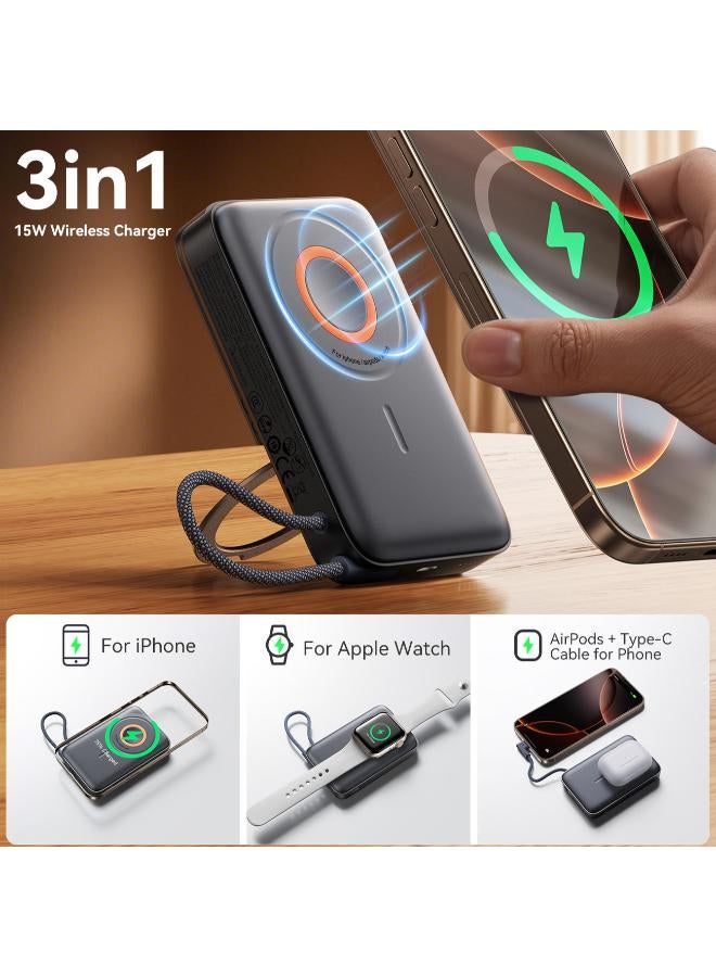 10000 mAh 10,000 mAh 38.5 W (22.5 W Fast Wired Charging, Up to 15 W Wireless MagSafe Charging, and a 5 W Watch-Power Mode) 3‑in‑1 Magnetic Power Bank - Black