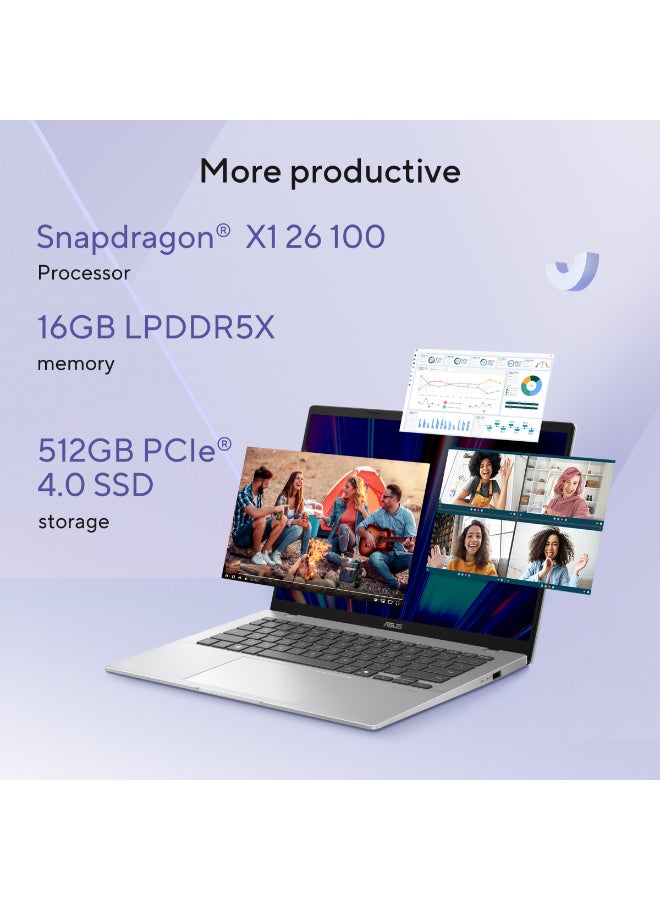 X1407QA-LY045W Vivobook Laptop with 14-Inch WUXGA Display,Snapdragon X1-26-100 Processor/16GB RAM/512GB SSD/Qualcomm Adreno GPU/Windows 11 English Platinum Gold