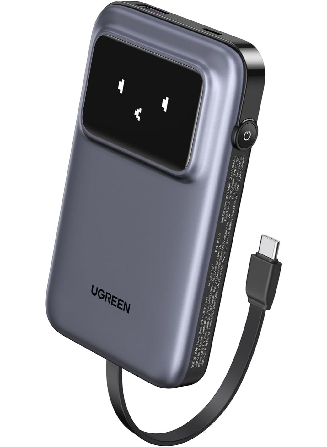 10000.0 mAh Uno Power Bank with Built-in USB-C Cable 10,000mAh Portable Charger PD 30W Fast Charging Battery Pack with TFT Display for iPhone 16 Series/Galaxy S24/LG/Pixel/iPad/Airpods and More Gray