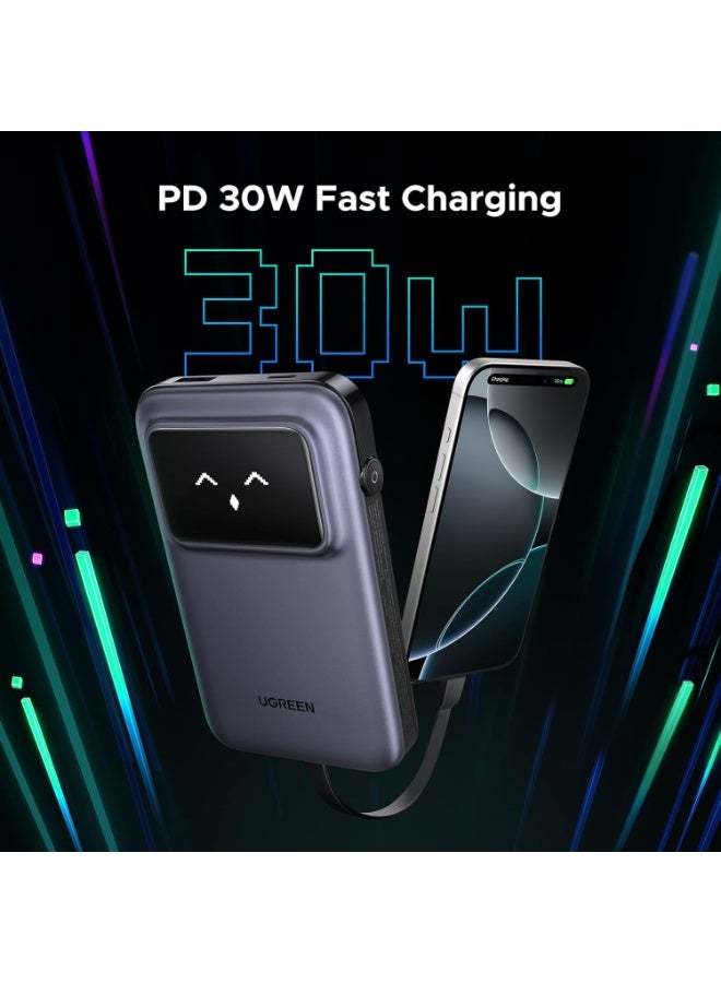 10000.0 mAh Uno Power Bank with Built-in USB-C Cable 10,000mAh Portable Charger PD 30W Fast Charging Battery Pack with TFT Display for iPhone 16 Series/Galaxy S24/LG/Pixel/iPad/Airpods and More Gray