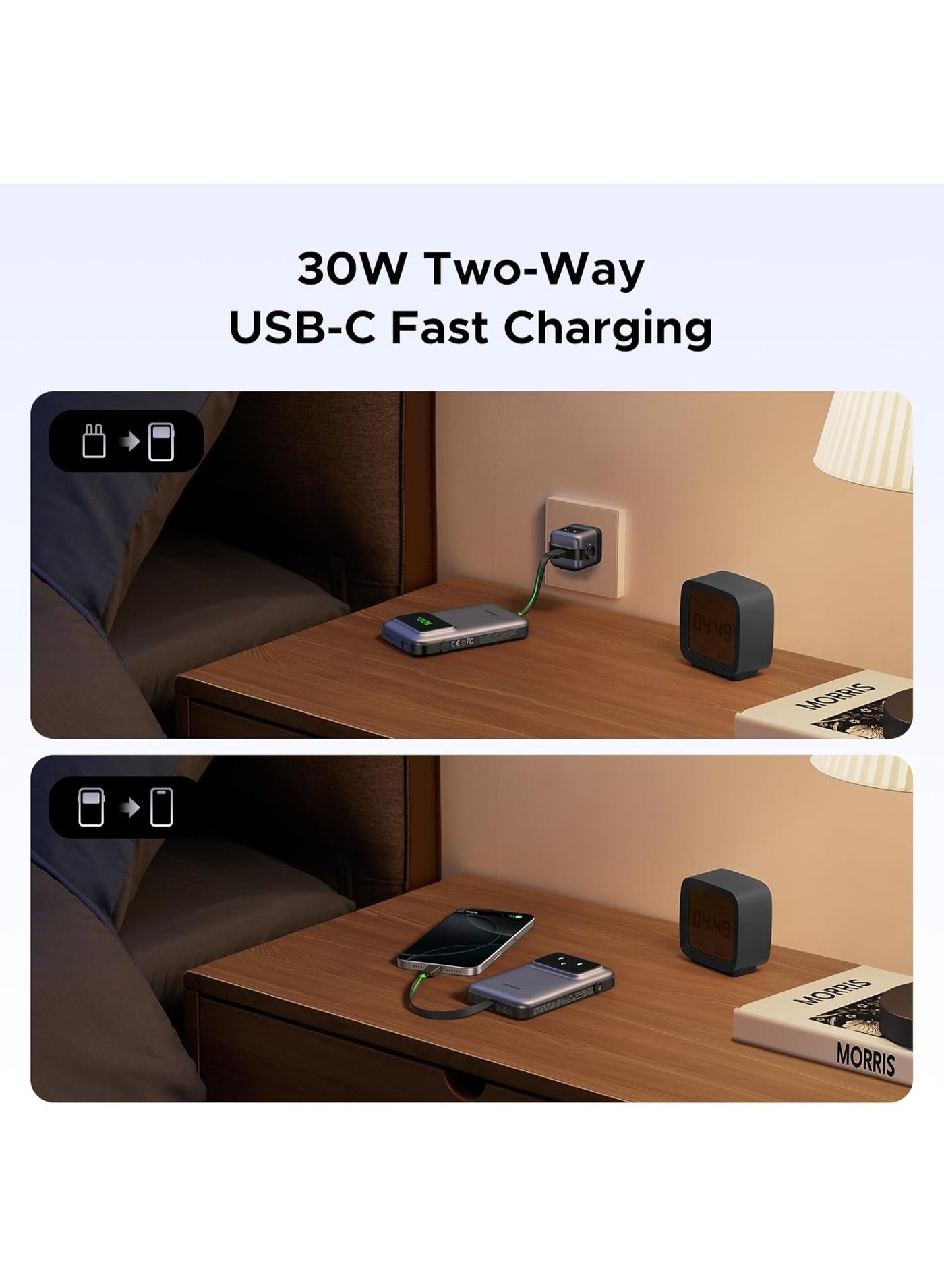 10000.0 mAh Uno Power Bank with Built-in USB-C Cable 10,000mAh Portable Charger PD 30W Fast Charging Battery Pack with TFT Display for iPhone 16 Series/Galaxy S24/LG/Pixel/iPad/Airpods and More Gray