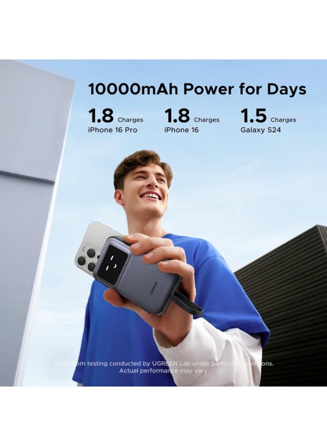10000.0 mAh Uno Power Bank with Built-in USB-C Cable 10,000mAh Portable Charger PD 30W Fast Charging Battery Pack with TFT Display for iPhone 16 Series/Galaxy S24/LG/Pixel/iPad/Airpods and More Gray