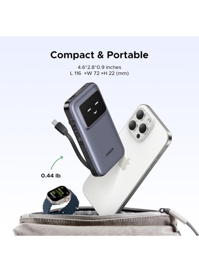 10000.0 mAh Uno Power Bank with Built-in USB-C Cable 10,000mAh Portable Charger PD 30W Fast Charging Battery Pack with TFT Display for iPhone 16 Series/Galaxy S24/LG/Pixel/iPad/Airpods and More Gray