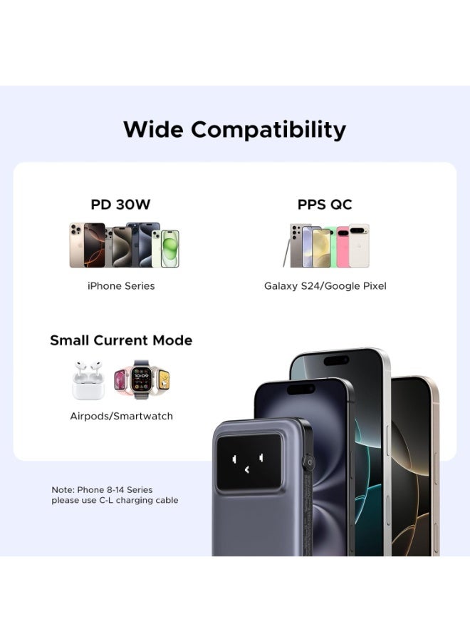 10000.0 mAh Uno Power Bank with Built-in USB-C Cable 10,000mAh Portable Charger PD 30W Fast Charging Battery Pack with TFT Display for iPhone 16 Series/Galaxy S24/LG/Pixel/iPad/Airpods and More Gray