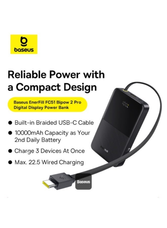 EnerFill Bipow2 Pro Power Bank 10000mAh – 22.5W USB-C PD Fast Charging, Built-in Cable, Digital Display, Airline Approved Black
