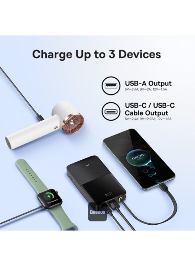 EnerFill Bipow2 Pro Power Bank 10000mAh – 22.5W USB-C PD Fast Charging, Built-in Cable, Digital Display, Airline Approved Black