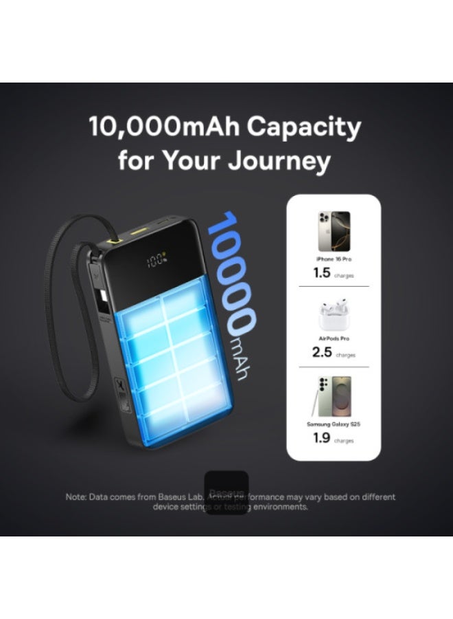 EnerFill Bipow2 Pro Power Bank 10000mAh – 22.5W USB-C PD Fast Charging, Built-in Cable, Digital Display, Airline Approved Black