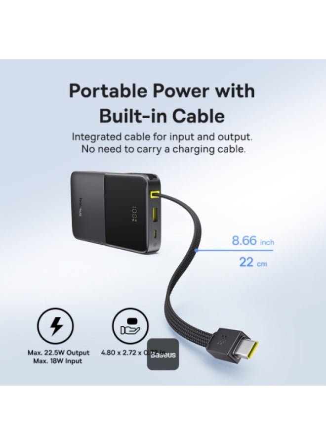 EnerFill Bipow2 Pro Power Bank 10000mAh – 22.5W USB-C PD Fast Charging, Built-in Cable, Digital Display, Airline Approved Black