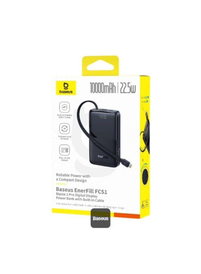 EnerFill Bipow2 Pro Power Bank 10000mAh – 22.5W USB-C PD Fast Charging, Built-in Cable, Digital Display, Airline Approved Black