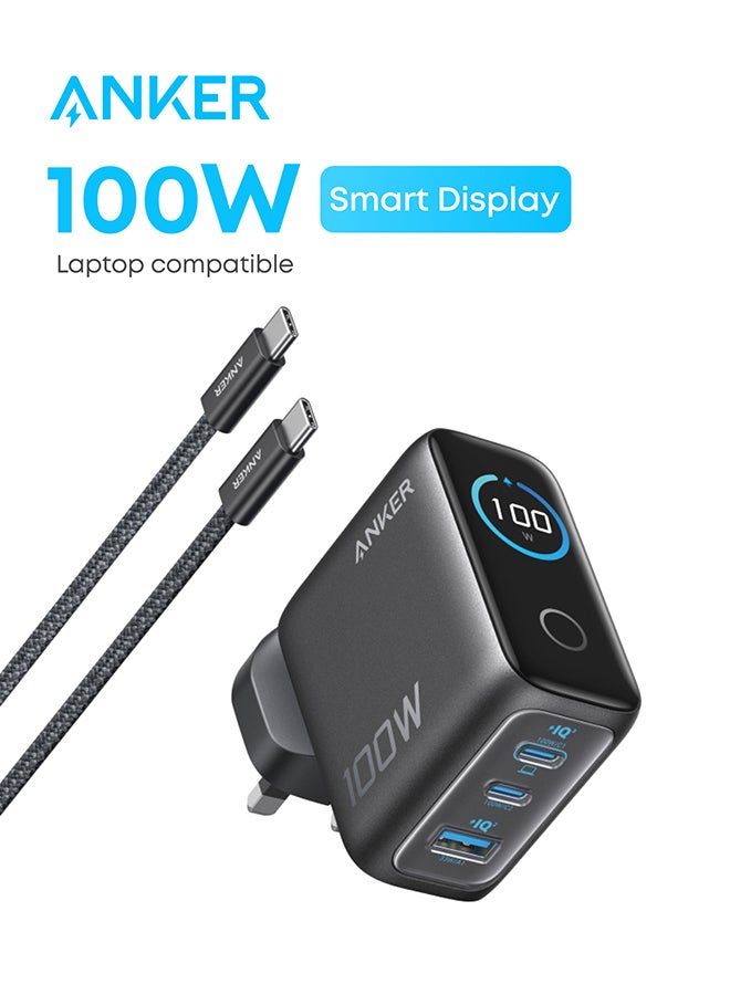 Charger, 100W Max USB C Charger, 3-Port GaN and Ultra-Compact Wall Adapter, Smart Display and Touch Control, For MacBook, iPad, iPhone Series, and More black
