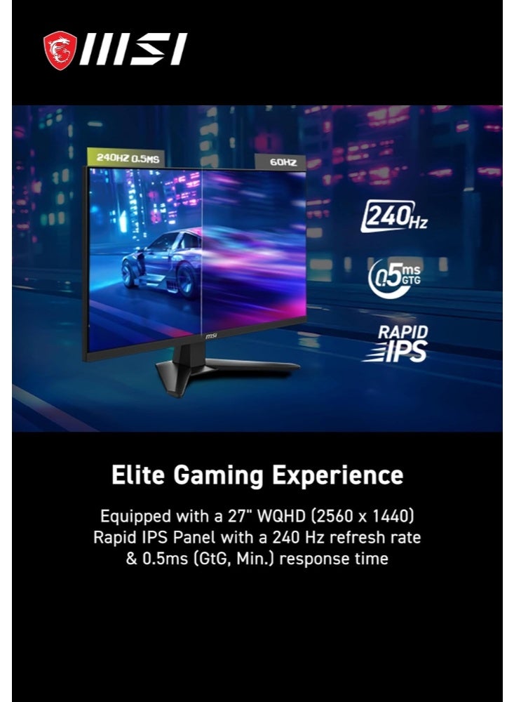 MAG 274QF X24 | 27-inch 2560 x 1440 (QHD) Gaming Monitor | 240Hz | Adaptive-Synch, HDMI, DisplayPort | VESA Mountable, Tilt, Height Adjustable | Speaker, 0.03ms | Black | 9S6-3CE41H-051