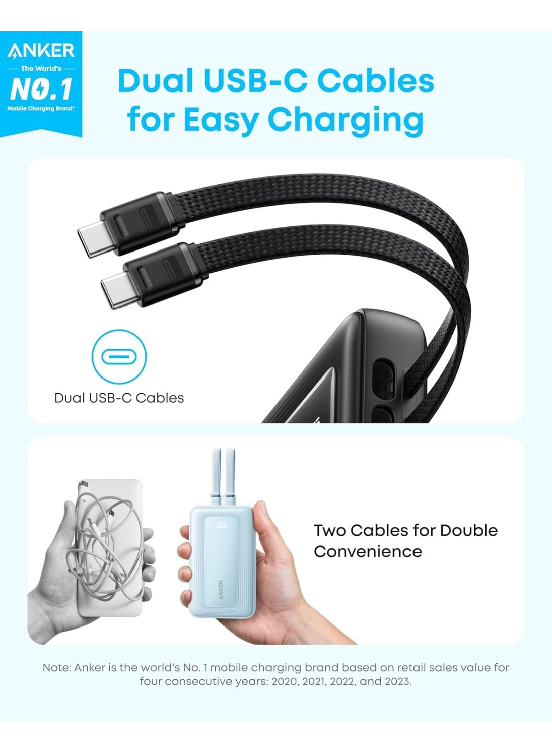 Anker Zolo Power Bank (2025 Upgraded Version), 45W Max Fast Charging, 20,000mAh Battery Pack, Dual Built-in USB-C Cables, USB-C&A Port, for iPhone 17/16 Series, Galaxy, MacBook, and More black