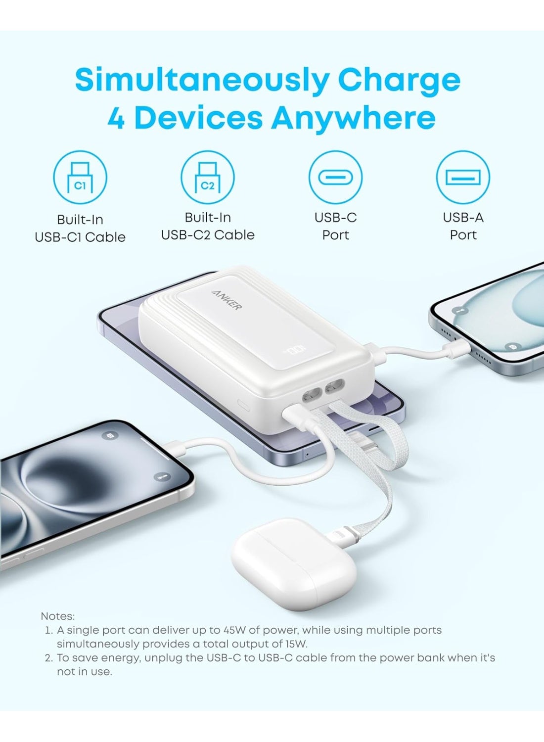 Anker Zolo Power Bank (2025 Upgraded Version), 45W Max Fast Charging, 20,000mAh Battery Pack, Dual Built-in USB-C Cables, USB-C&A Port, for iPhone 17/16 Series, Galaxy, MacBook, and More black