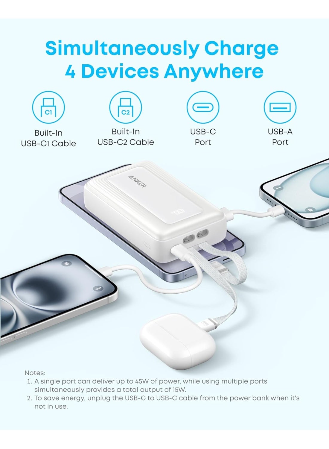 Anker Zolo Power Bank (2025 Upgraded Version), 45W Max Fast Charging, 20,000mAh Battery Pack, Dual Built-in USB-C Cables, USB-C&A Port, for iPhone 17/16 Series, Galaxy, MacBook, and More white