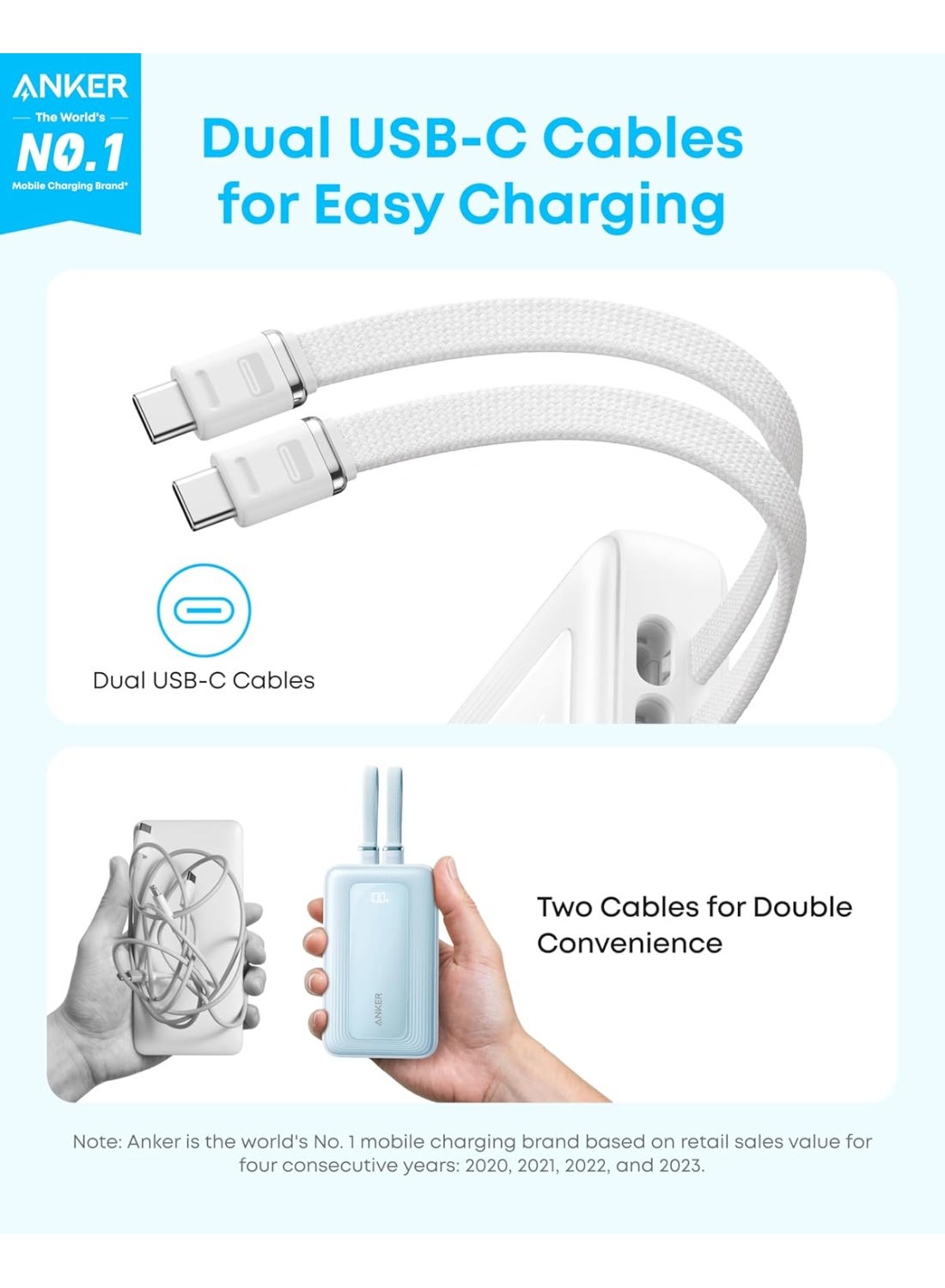 Anker Zolo Power Bank (2025 Upgraded Version), 45W Max Fast Charging, 20,000mAh Battery Pack, Dual Built-in USB-C Cables, USB-C&A Port, for iPhone 17/16 Series, Galaxy, MacBook, and More white