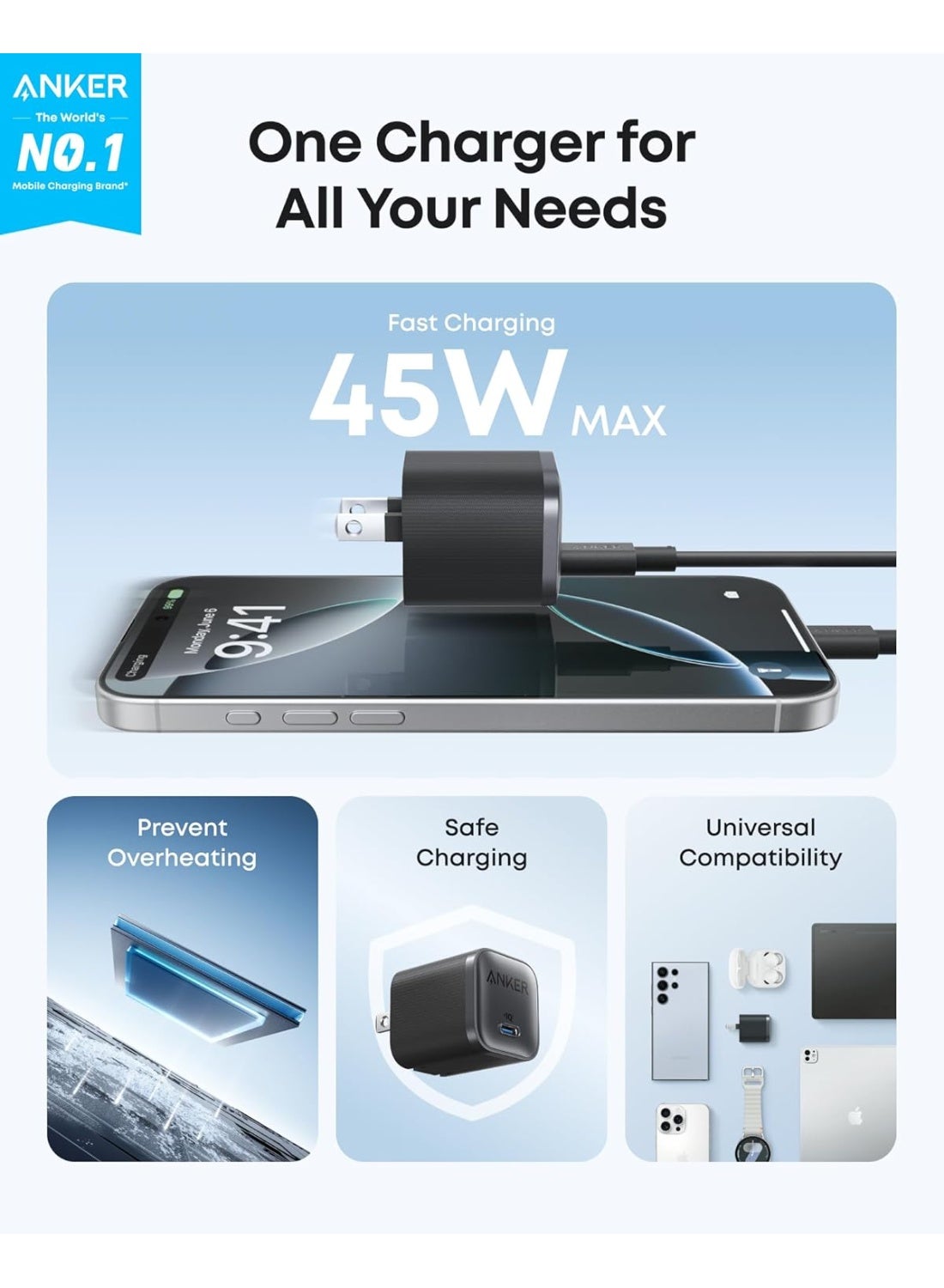 Anker Nano 45W USB C Charger Block Fast Charging Compact Foldable Plug A2692