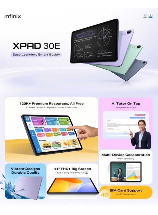 Infinix XPad 30E 4G - 128GB/4GB, 11" FHD+,IPS LCDD 60Hz Display, 7200 mAh Battery, SIM card, Blue