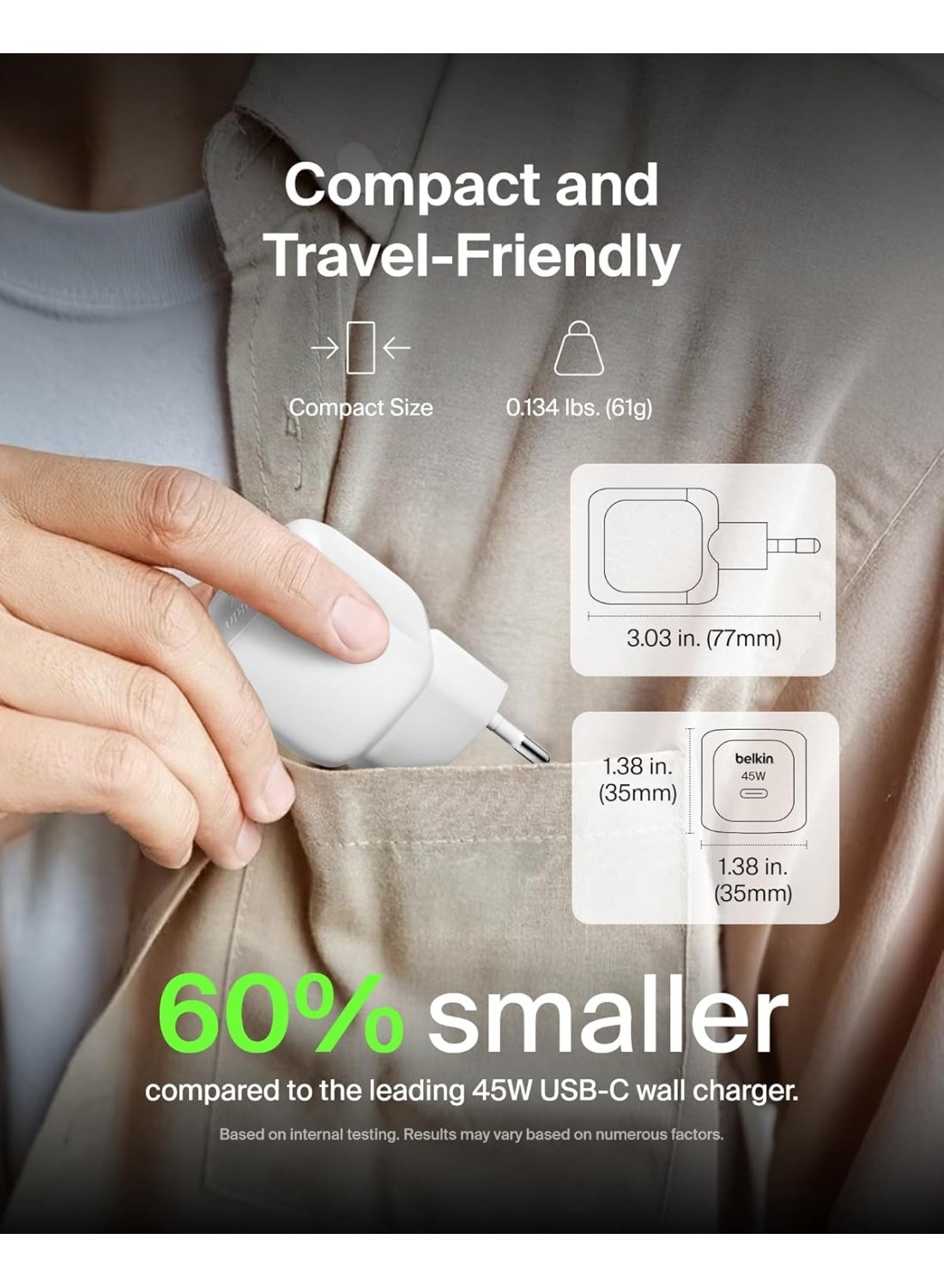Belkin 45W Compact USB-C Charger with Power Delivery – Fast Charging Adapter for iPhone 16 Series, iPhone 15, Samsung Galaxy S25, iPad & Air Pods, white