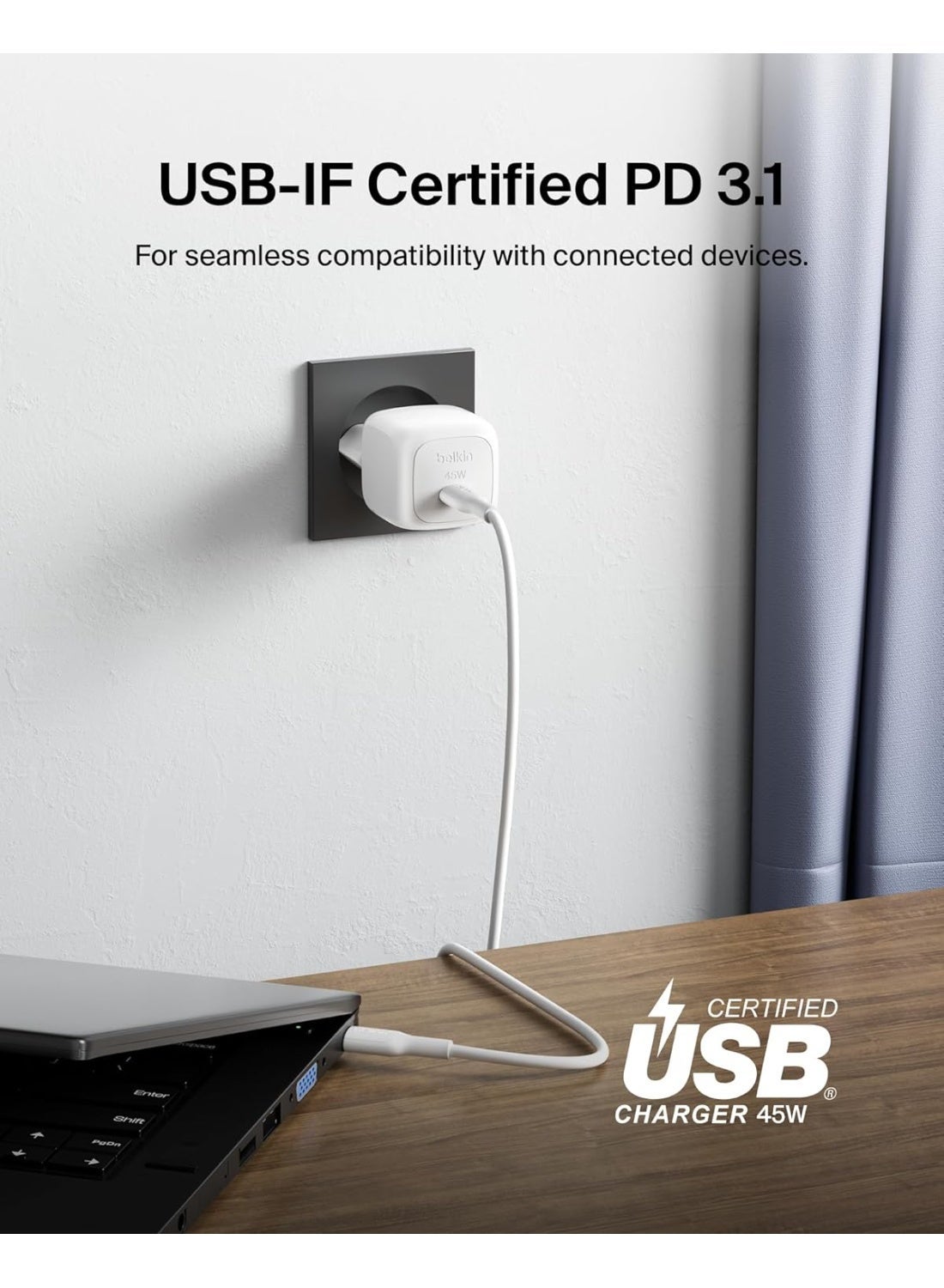 Belkin 45W Compact USB-C Charger with Power Delivery – Fast Charging Adapter for iPhone 16 Series, iPhone 15, Samsung Galaxy S25, iPad & Air Pods, white