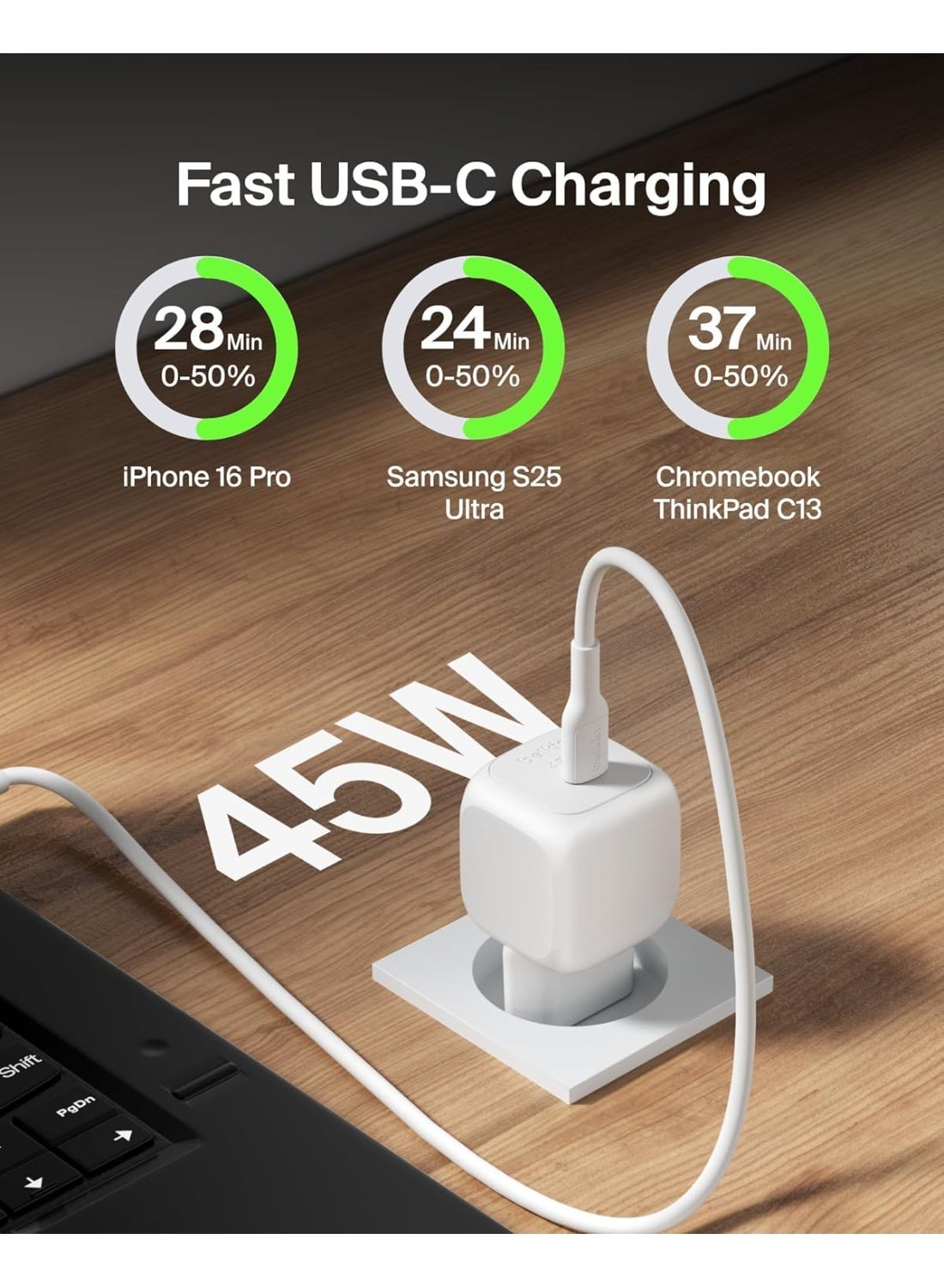 Belkin 45W Compact USB-C Charger with Power Delivery – Fast Charging Adapter for iPhone 16 Series, iPhone 15, Samsung Galaxy S25, iPad & Air Pods, white