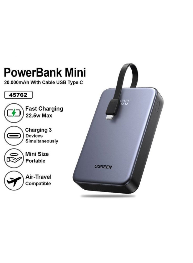 UGREEN Nexode 20000mAh 20W Power Bank With Built-in Cable BLACK
