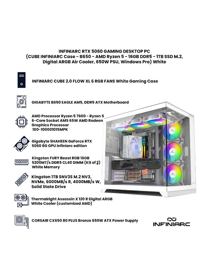 INFINIARC RTX 5060 GAMING DESKTOP PC (CUBE Case, B650 Motherboard, RTX 5060 8GB GPU, AMD Ryzen 5 CPU, 16GB DDR5 RAM, 1TB SSD M.2, Digital ARGB Air Cooler, 650W PSU, Windows Pro) White White