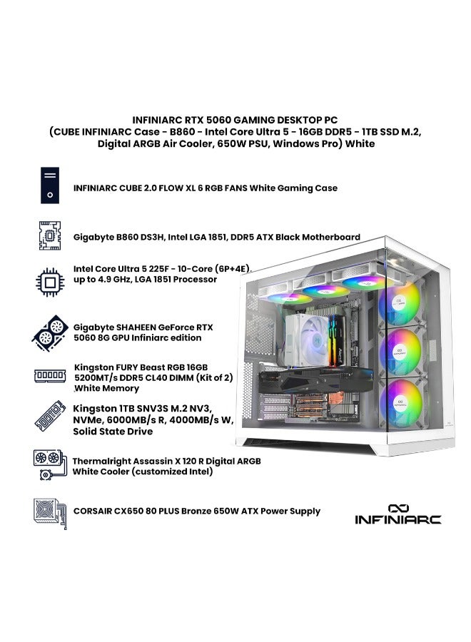 INFINIARC RTX 5060 GAMING DESKTOP PC (CUBE Case, B860 DS3H Motherboard, RTX 5060 8GB GPU, Intel Core Ultra 5 CPU, 16GB DDR5 RAM, 1TB SSD M.2, Digital ARGB Air Cooler, 650W PSU, Windows Pro) White white