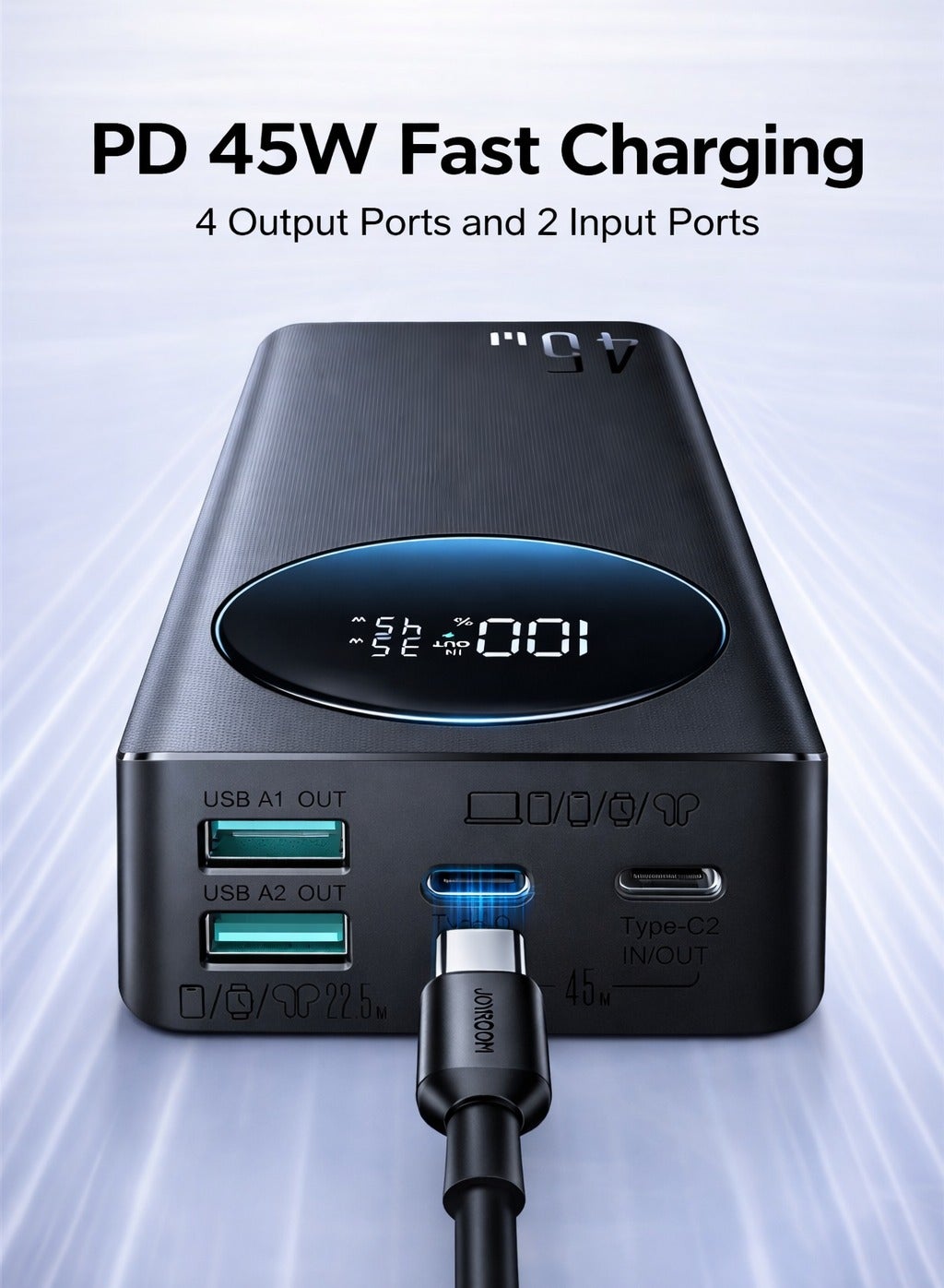 JR-PBF02 Pro 20000mAh Power Bank, 45W PD Fast Charging, Large Digital Display, 4-Port Output, 2 USB-C + 2 USB-A, Flight Approved Portable Charger - Black