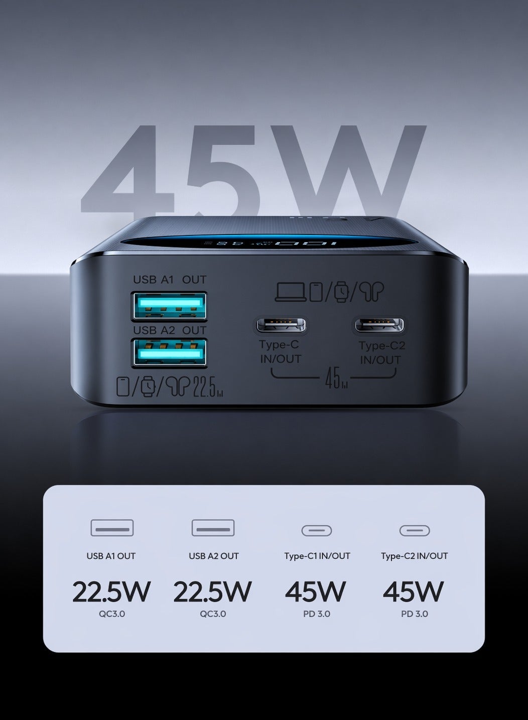 JR-PBF02 Pro 20000mAh Power Bank, 45W PD Fast Charging, Large Digital Display, 4-Port Output, 2 USB-C + 2 USB-A, Flight Approved Portable Charger - Black