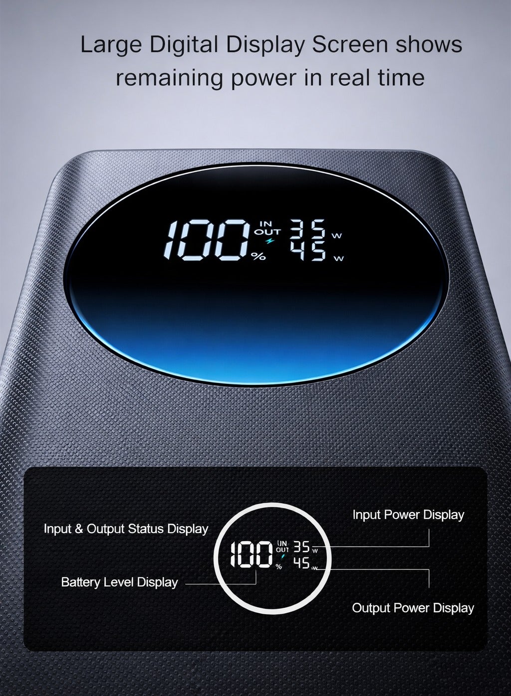 JR-PBF02 Pro 20000mAh Power Bank, 45W PD Fast Charging, Large Digital Display, 4-Port Output, 2 USB-C + 2 USB-A, Flight Approved Portable Charger - Black