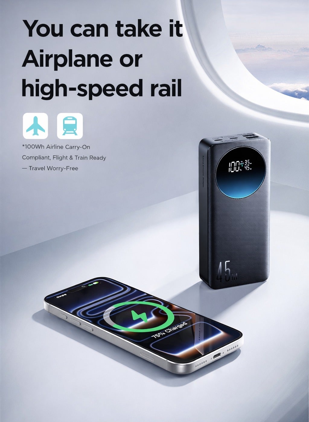 JR-PBF02 Pro 20000mAh Power Bank, 45W PD Fast Charging, Large Digital Display, 4-Port Output, 2 USB-C + 2 USB-A, Flight Approved Portable Charger - Black