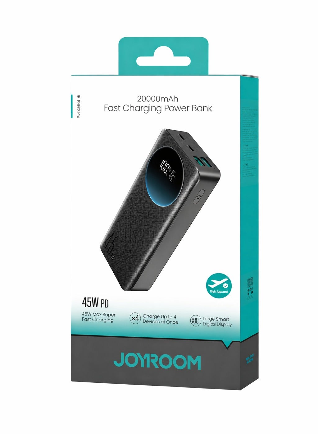 JR-PBF02 Pro 20000mAh Power Bank, 45W PD Fast Charging, Large Digital Display, 4-Port Output, 2 USB-C + 2 USB-A, Flight Approved Portable Charger - Black