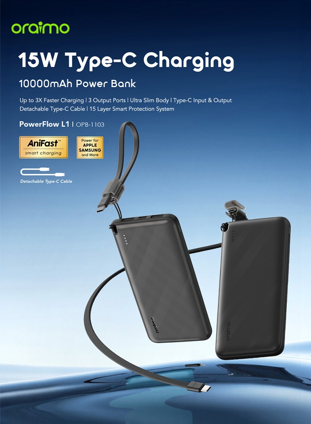 10000 mAh Large Capacity Power Bank With Detachable USB-C Cable, 15W USB-C + 2 USB-A Fast Charging Portable Charger Portable Size Compatible With iPad, iPhone 16, Galaxy S25 S24 Ultra, AirPods - OPB-1103 Black