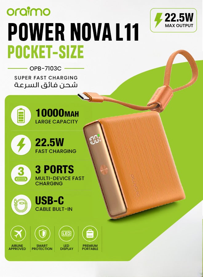 10000mAh Mini Power Bank,22.5W Fast Charging, Pocket-size, Built-In USB-C Cable, Simultaneous Charging for Smartphones, Tablets, Earphones & More, Pocket Power Bank For iPhone 17 series Samsung OPB-7103C - Orange
